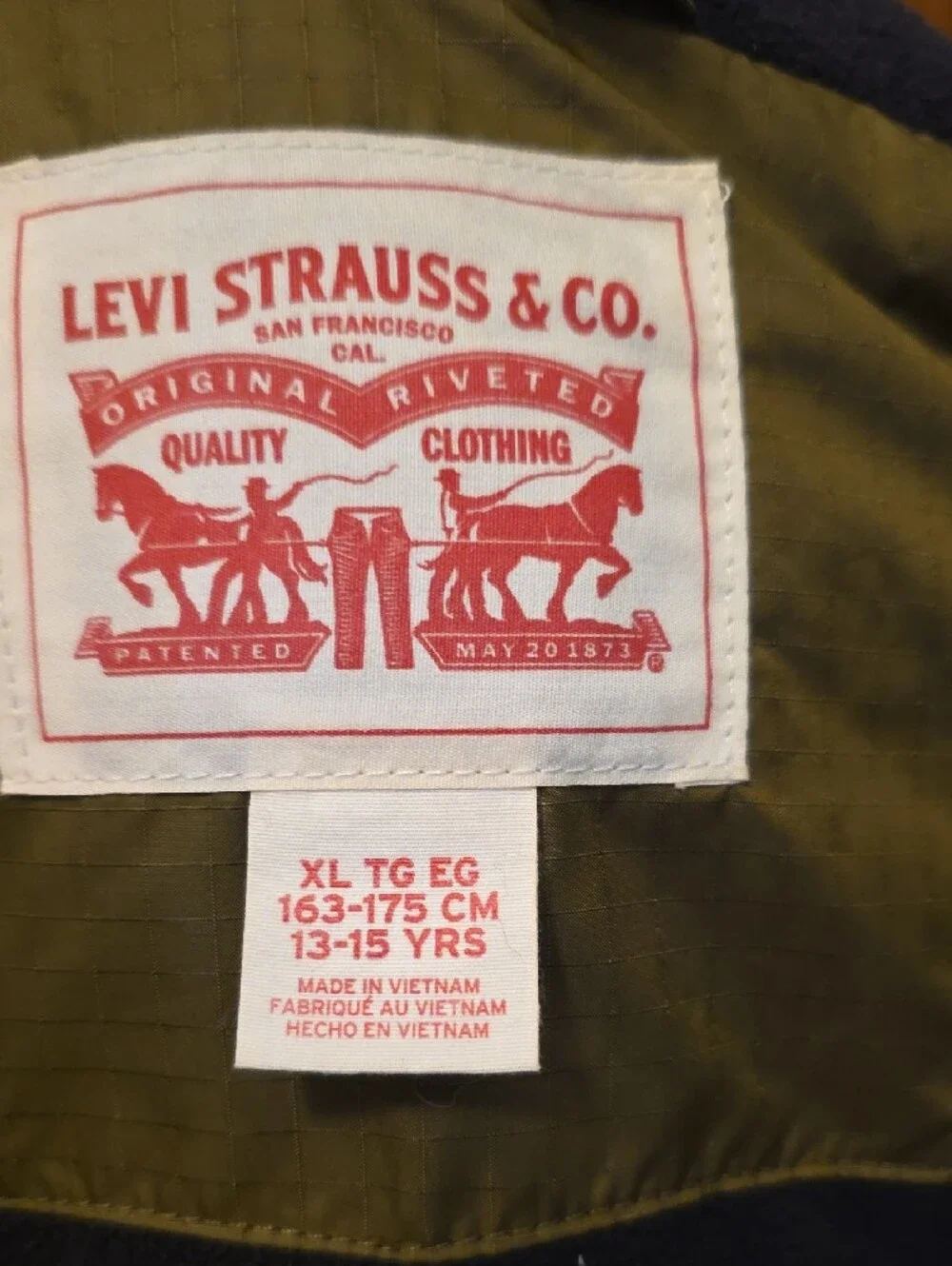Levi's Olive Green Kids Puffer Jacket with Red and White Hood Trim